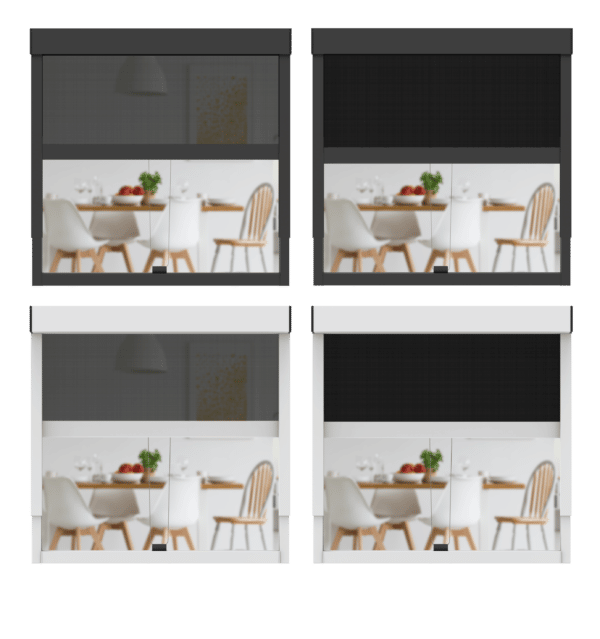 four different options of CLIP`N`SHADE outdoor roller blind: white roller blind with opaque fabric, white roller blind with transparent fabric, black roller blind with opaque fabric, black roller blind with transparent fabric