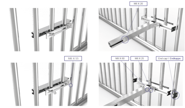 Detail picture of the attachment of PV modules to a railing.