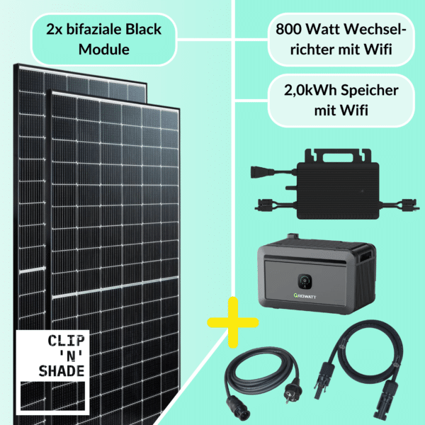 800W Balkonkraftwerk Set mit 2kWh Growatt Speicher aus Würzburg. 860Wp Modulleistung mit 800W Hoymiles Wechselrichter inkl. Wifi.