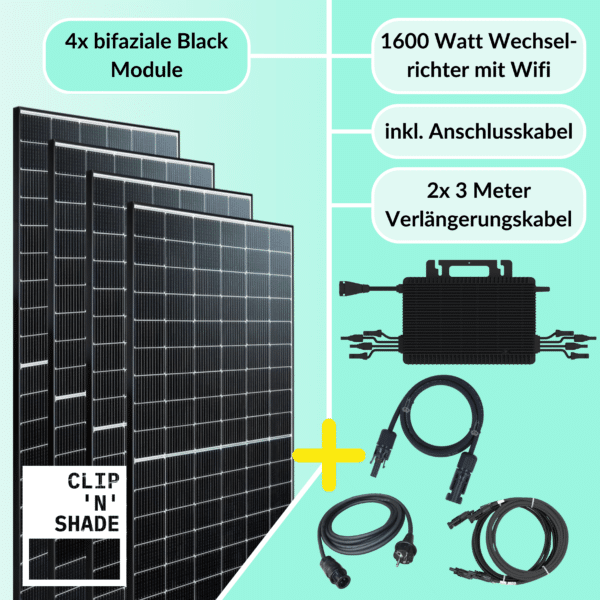 1600W Balkonkraftwerk Set, bestehend aus 1600W Hoymiles HMS-1600-4T Wechselrichter und 4x 430Wp Full Black Modulen inkl. Anschlusskabel und 2x 3m Verlängerungskabel.